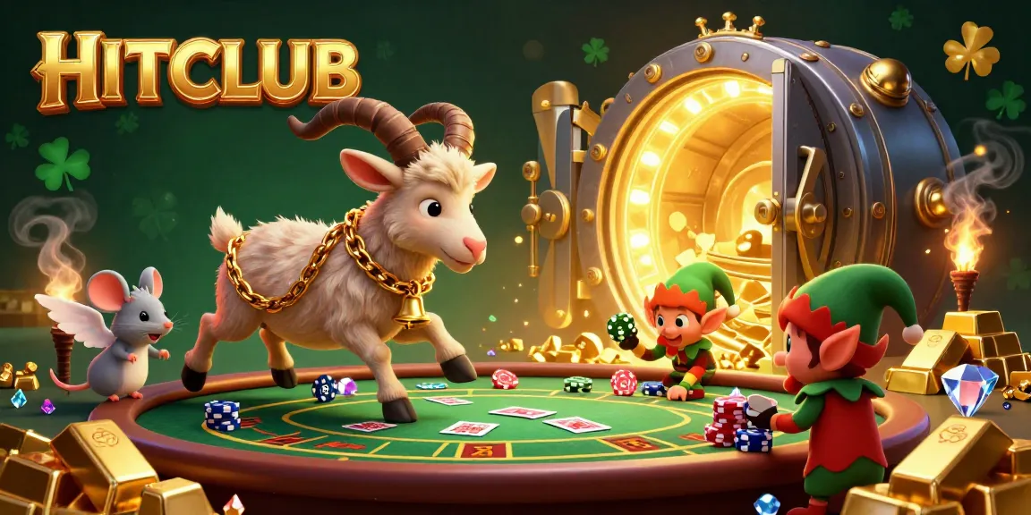 Experience gaming excitement at HITCLUB where festive Krampus meets thrilling casino action in a vibrant illustration.