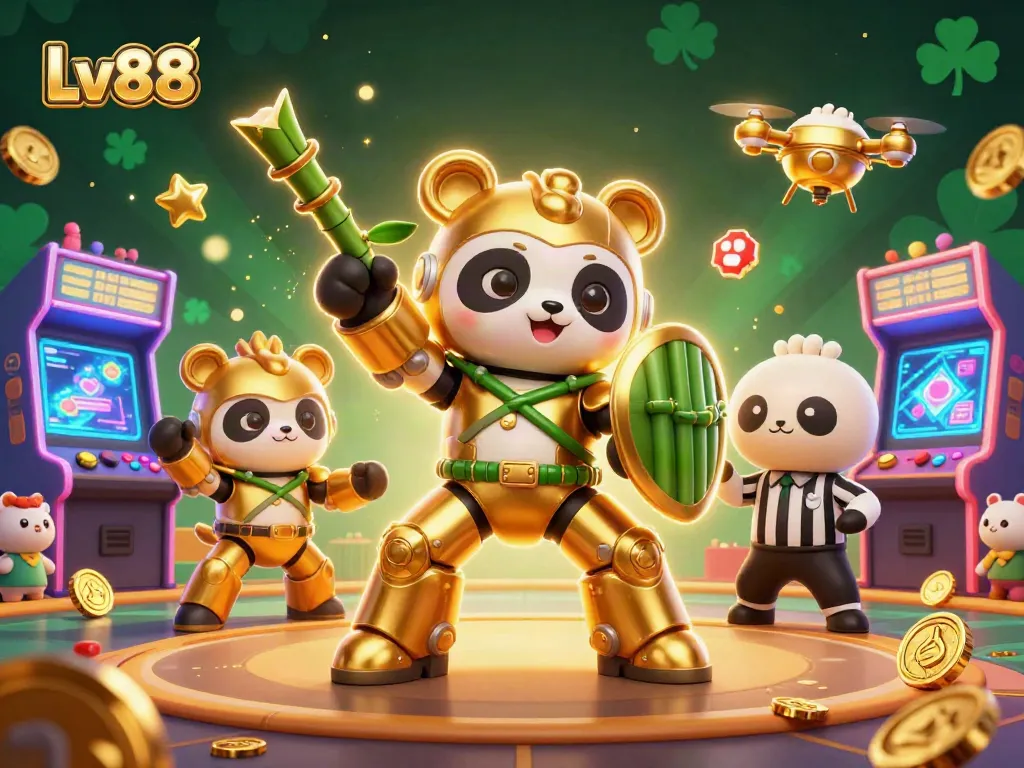 Experience thrilling gaming at Lv88, featuring a vibrant 3D digital illustration of a mech-suit panda in an energetic casino arena.