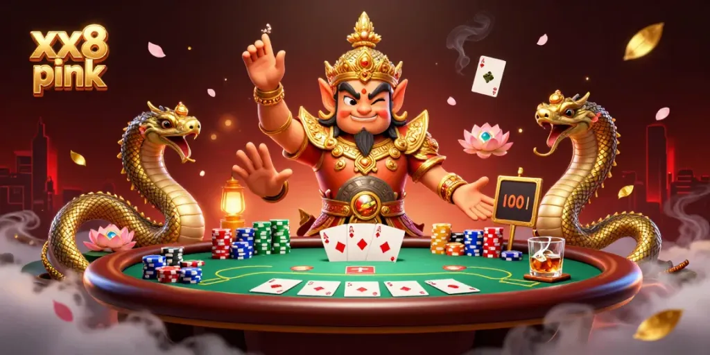 Engage in exciting poker action with the dynamic xx8 pink scene featuring cartoon guardians and vibrant casino elements.