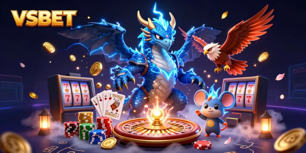 Experience exciting wins with VSBET's electrifying gaming atmosphere featuring dynamic characters and casino elements.