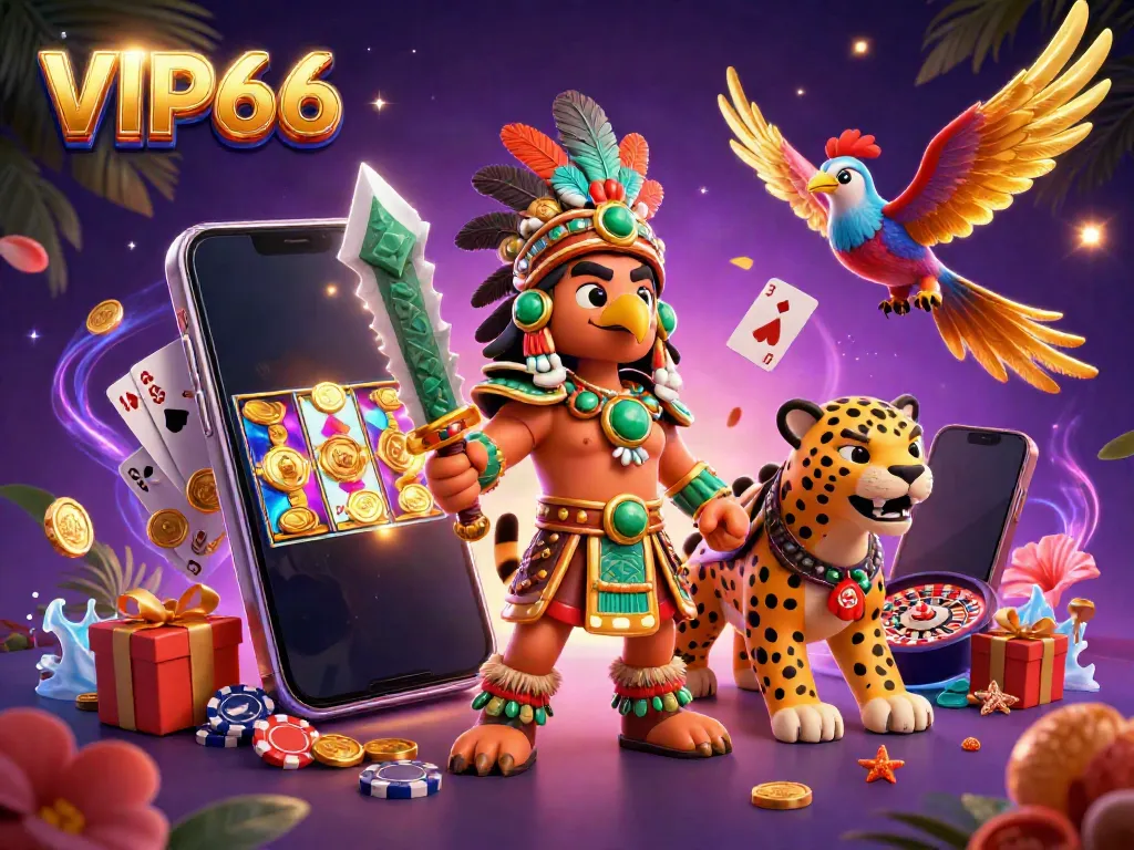 Experience big wins at VIP66 Casino with a vibrant scene of Aztec-themed characters, slot games, and casino elements.