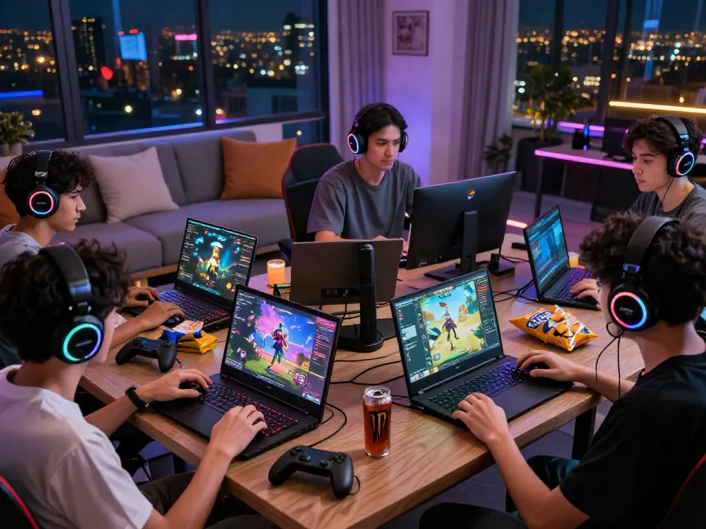 Engaged gamers playing Garuda404 in a vibrant gaming room with devices and snacks.