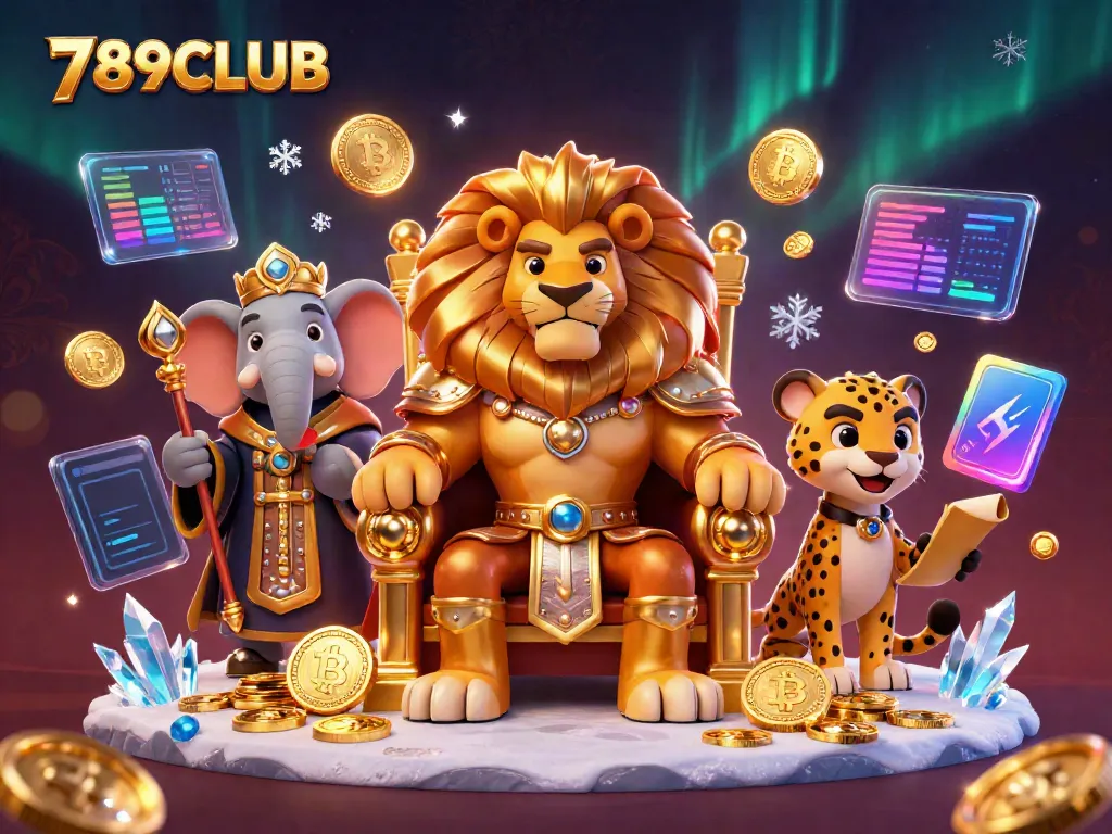 Win big with 789CLUB, a vibrant casino scene showcasing a lion king, an elephant advisor, and a cheetah messenger.