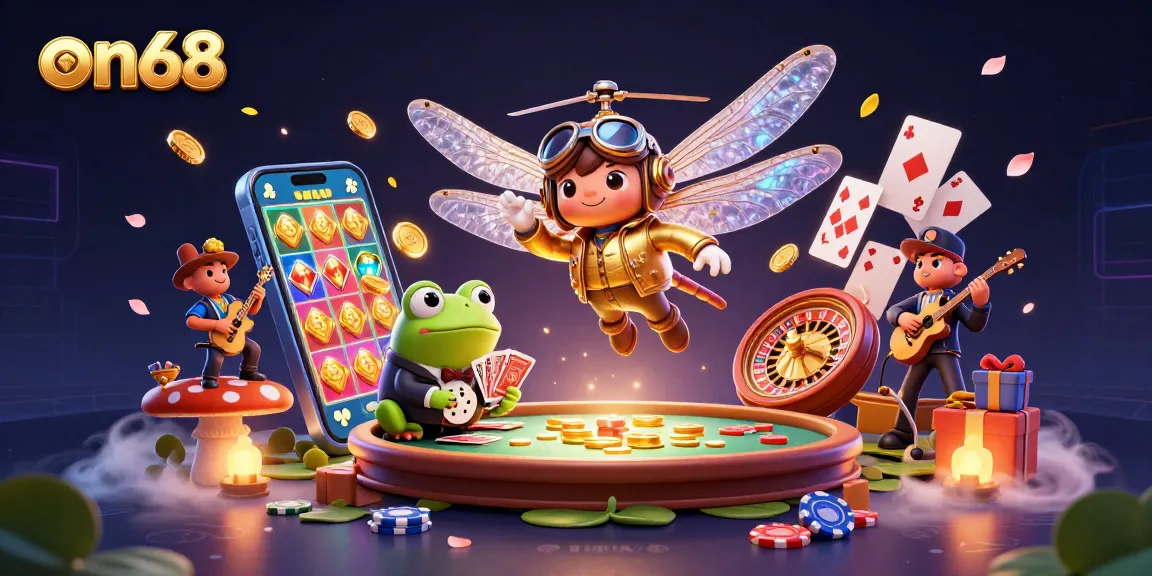 Watch on68 come alive with a dragonfly pilot and frog croupier in a vibrant casino scene.