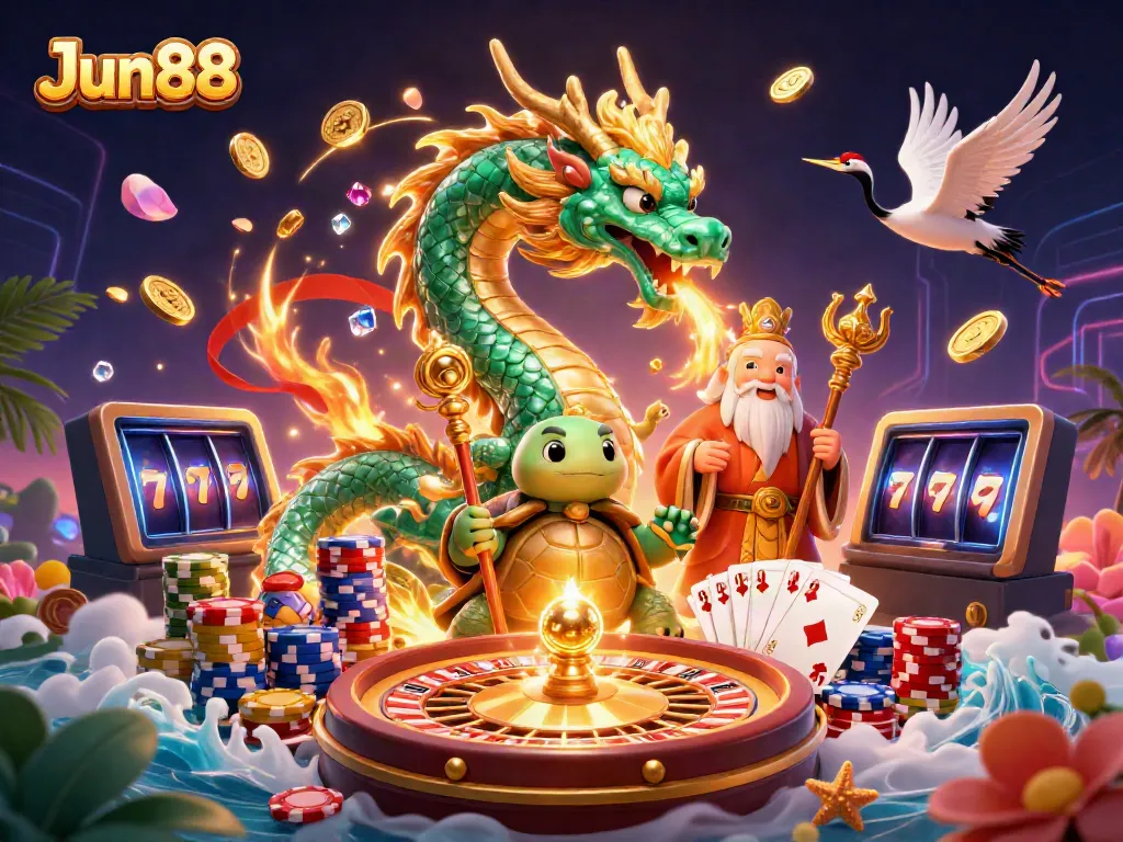 Experience thrilling wins at Jun88 with a vibrant casino illustration featuring a jade dragon and lucky symbols.
