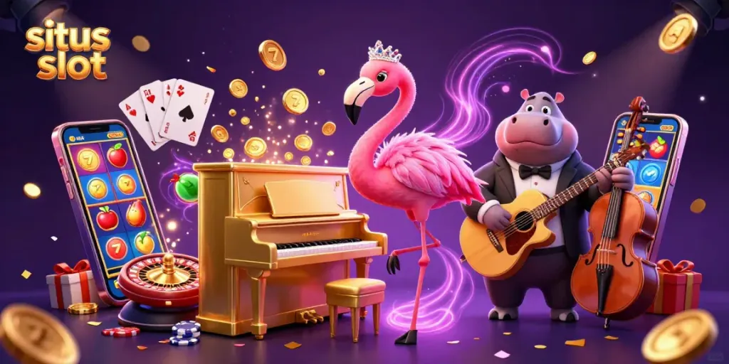 Sparks fly with colorful situs slot game displays and lively characters in a festive casino scene.