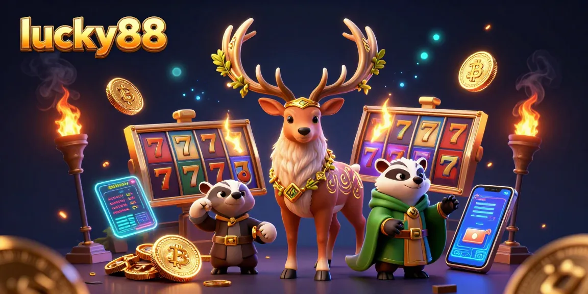 Experience lucky88 spin excitement with Celtic stag and wise badger amidst slot reels and crypto elements.