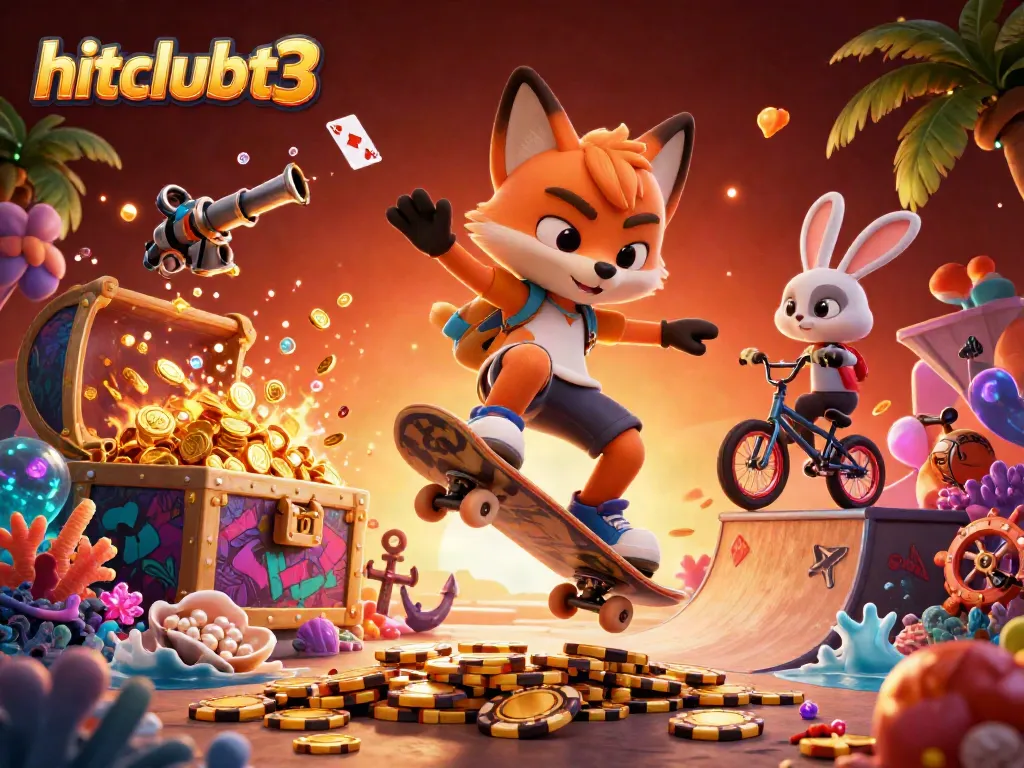 Experience the excitement of hitclubt3 with a vibrant 3D casino-inspired scene featuring dynamic characters and bright treasures.