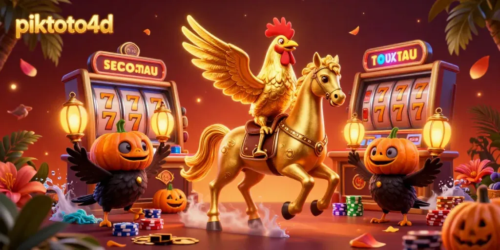 Experience thrilling action with piktoto4d as a golden rooster leads in a vibrant casino game scene.