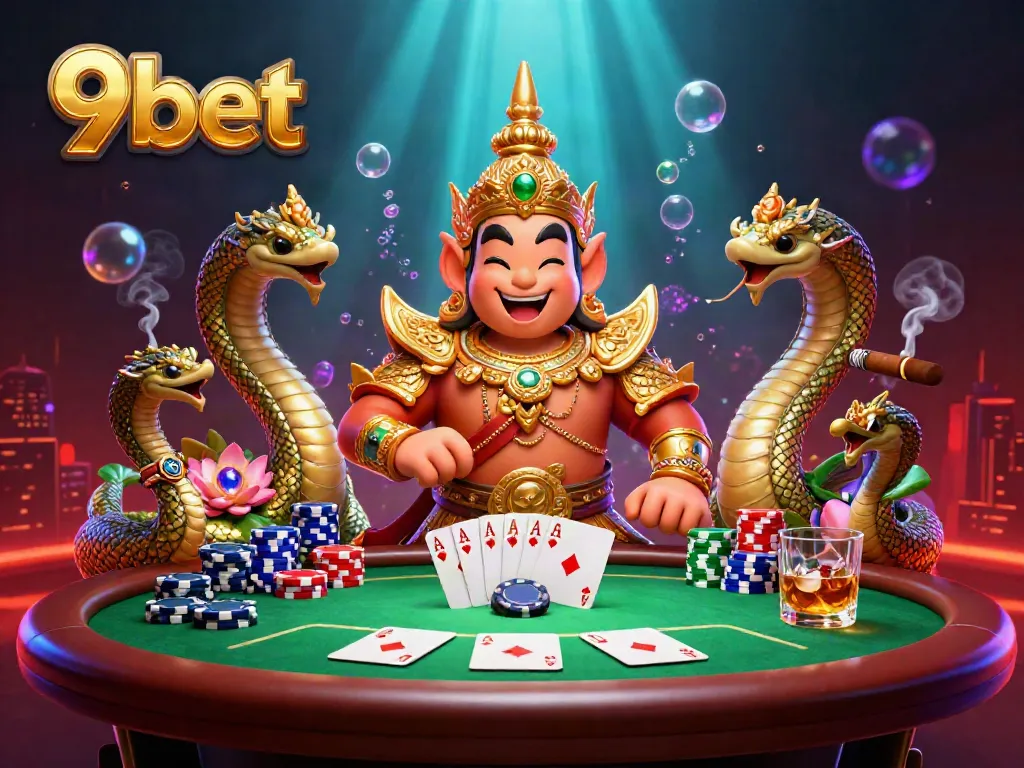 Experience thrill with 9bet's vibrant casino scene featuring cartoon characters, poker action, and glowing effects.