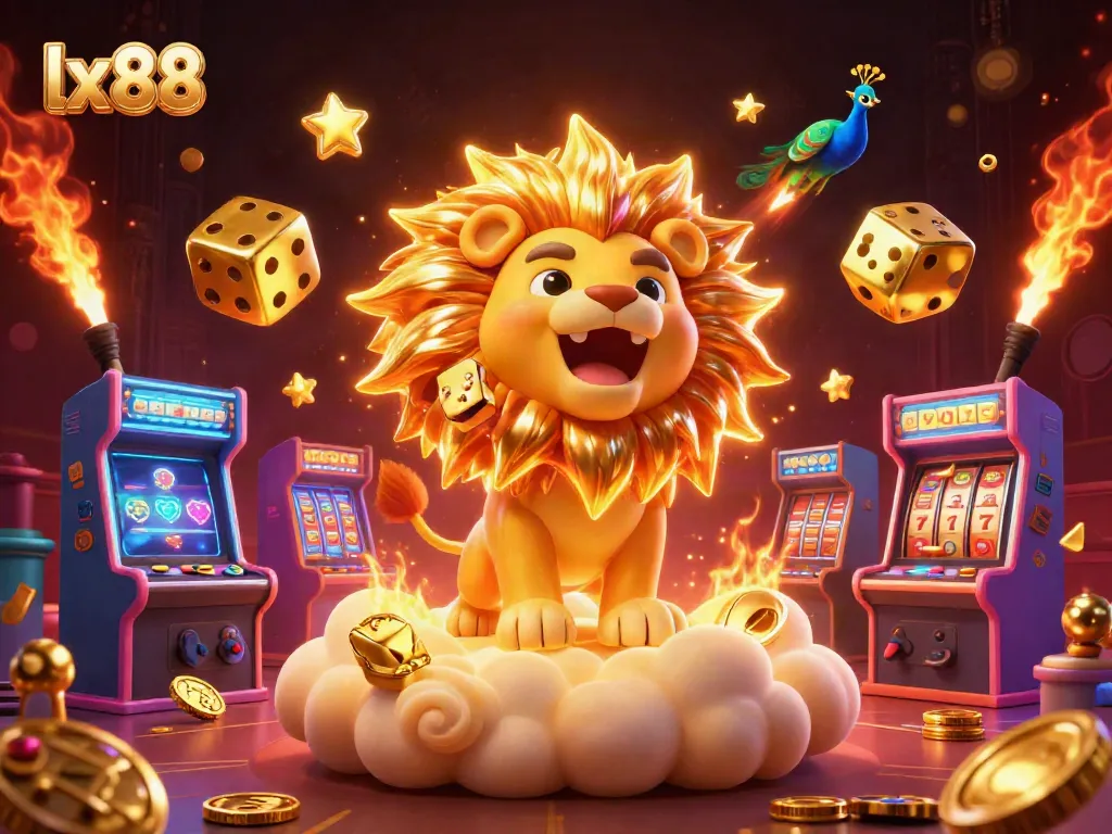 lx88 gameplay scene featuring a roaring lion, golden dice, and vibrant casino elements