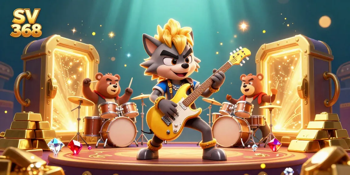 Engage with SV 368: A vivid scene featuring a rock star guitar-playing wolf and a bear drummer amidst dazzling casino treasures.