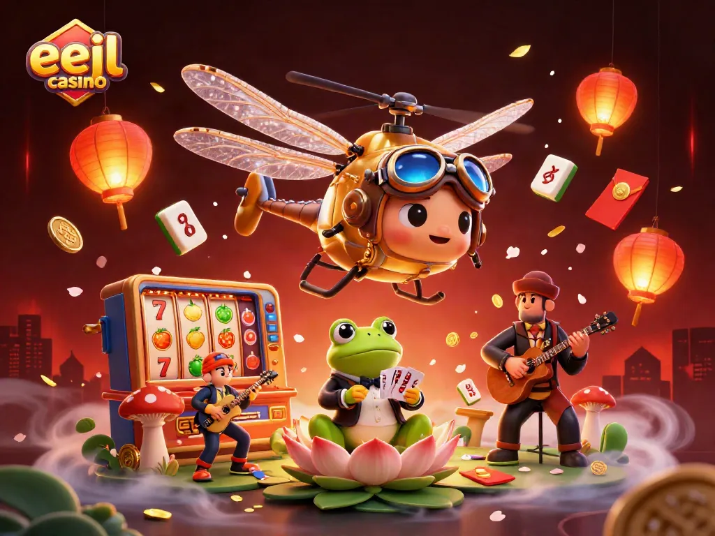 Engaging 3D scene showcasing eejl casino with vibrant characters, slot reels, and dynamic elements.