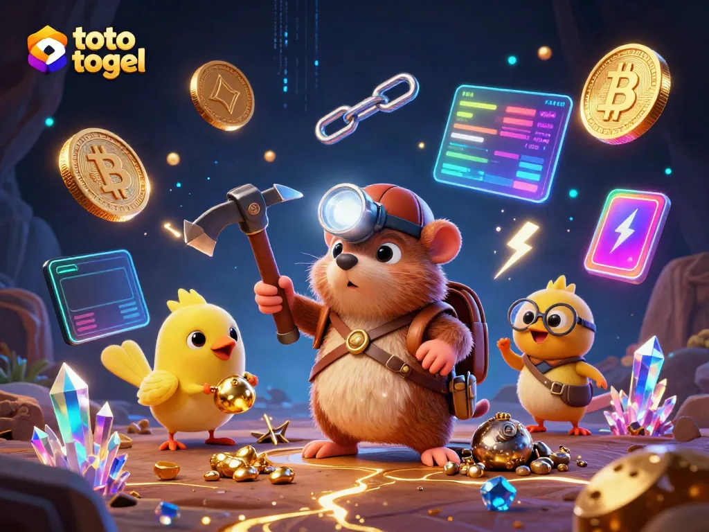 Menampilkan visual menarik dari toto togel, pemandangan kasino digital dengan karakter penambang dan elemen kripto.