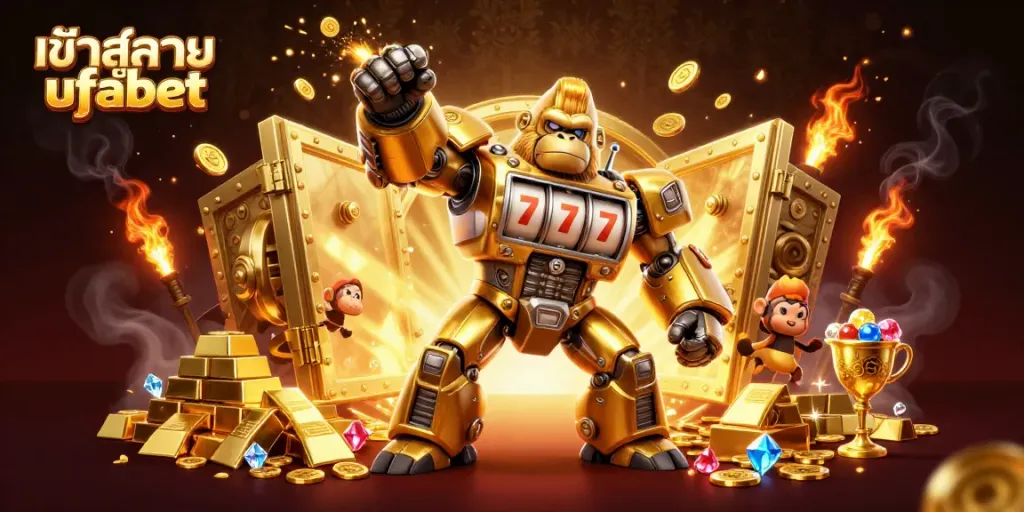 Play exciting games with a 3D gorilla mech and treasure in a vibrant casino atmosphere featuring เข้าสู่ระบบ ufabet.