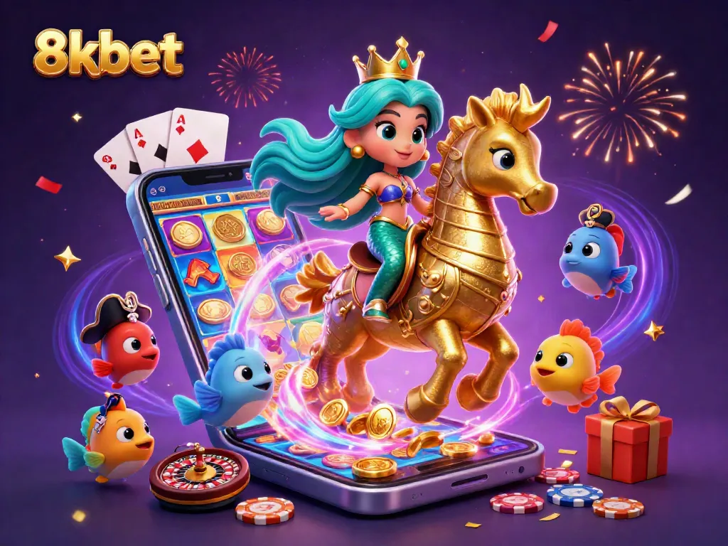 Engage with 8xbet's vibrant casino experience featuring a mermaid princess riding a seahorse amid colorful gaming elements.