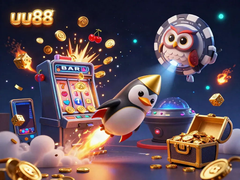 Experience exciting gaming with uu88 through a colorful and engaging casino-themed 3D illustration filled with vibrant characters and elements.