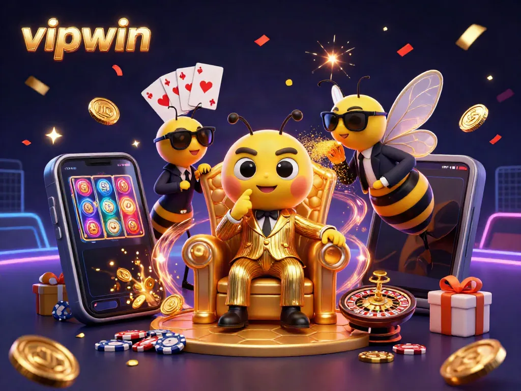 Win big with vipwin in this vibrant casino scene featuring lively characters and gaming elements.
