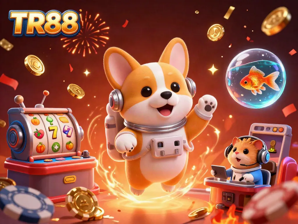 Engage with TR88 in a colorful casino scene, featuring slot reels, poker chips, and festive decor.
