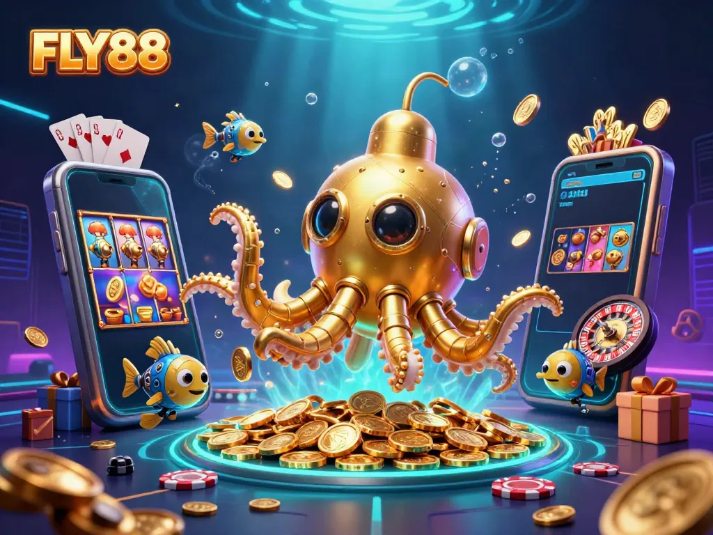 Engage with FLY88's thrilling gambling experience through this vivid 3D illustration featuring a golden kraken submarine.