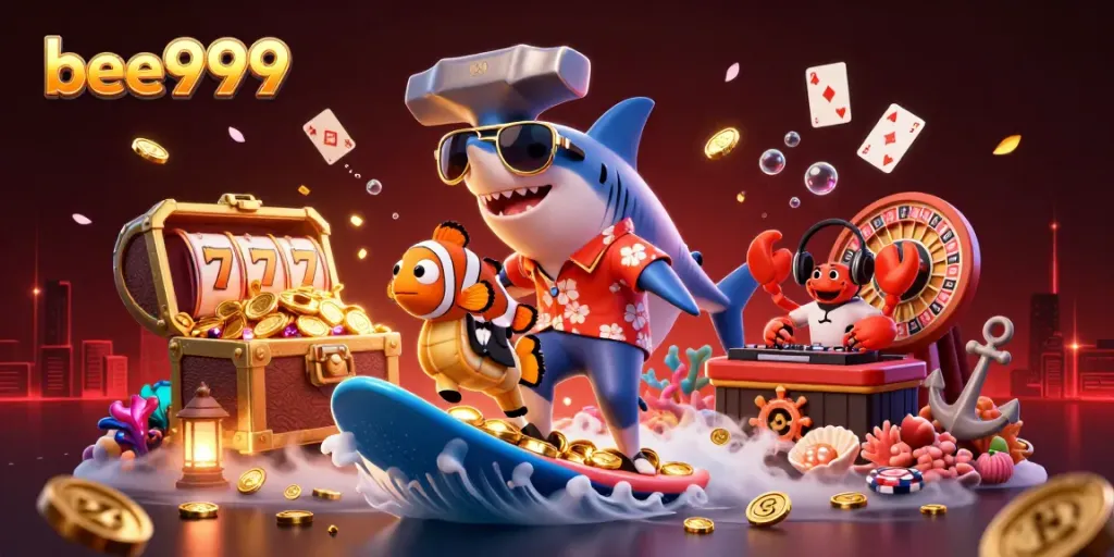 Engage with bee999’s vibrant casino scene featuring a shark surfing gold coins surrounded by dynamic gaming elements.