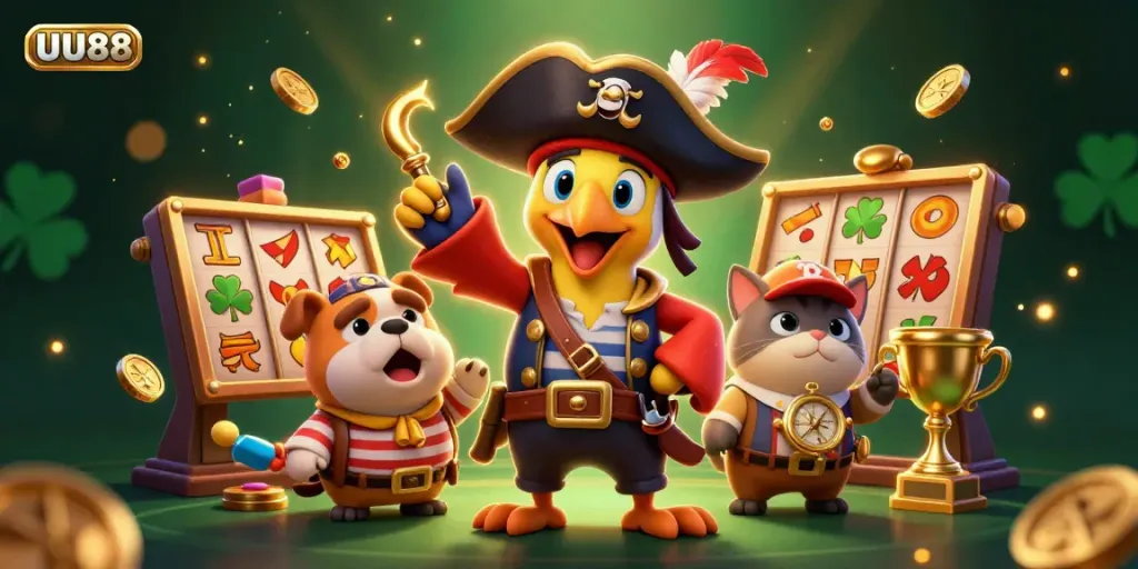 Join the excitement of UU88's online casino with a vibrant 3D gambling scene featuring characters and slot elements.