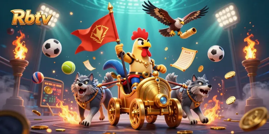Rbtv menghadirkan ilustrasi 3D kasino dengan petarung dan elemen olahraga yang menarik.