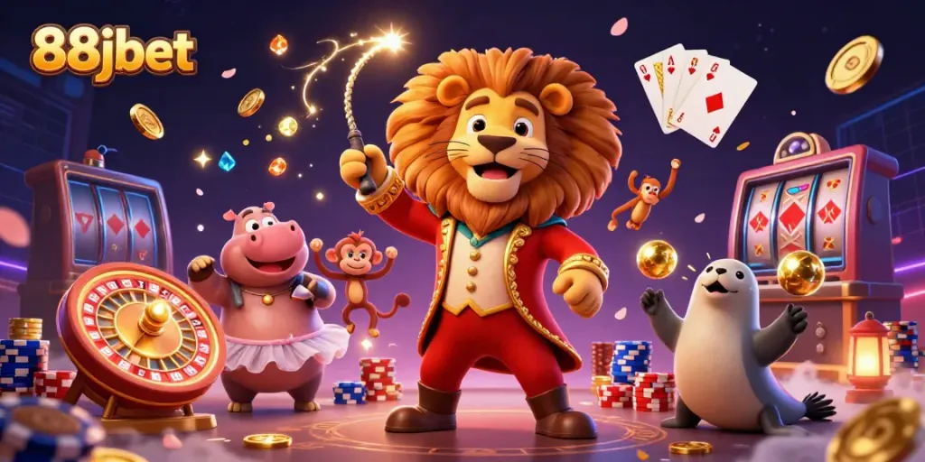 Experience the excitement of 88jbet with a vibrant 3D casino scene filled with animated characters.