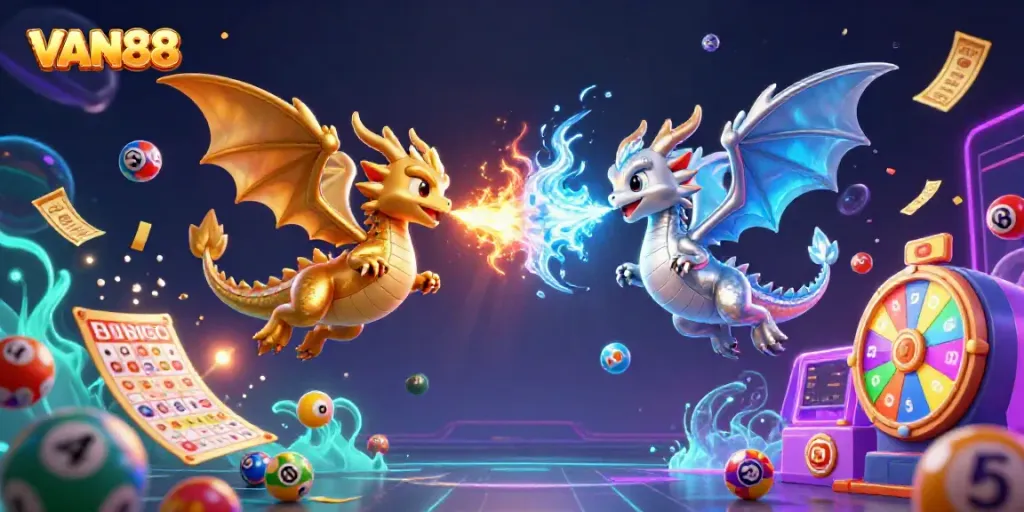 Experience dynamic gaming with VAN88 as golden and silver dragons enchant surrounded by lottery elements.