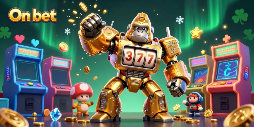 Engage with On bet slots as a golden gorilla mech unleashes coins in a vibrant casino scene.