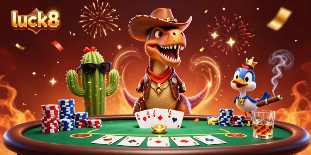 Engage in thrilling gameplay at luck8 with vibrant 3D dinosaur characters celebrating a poker win.
