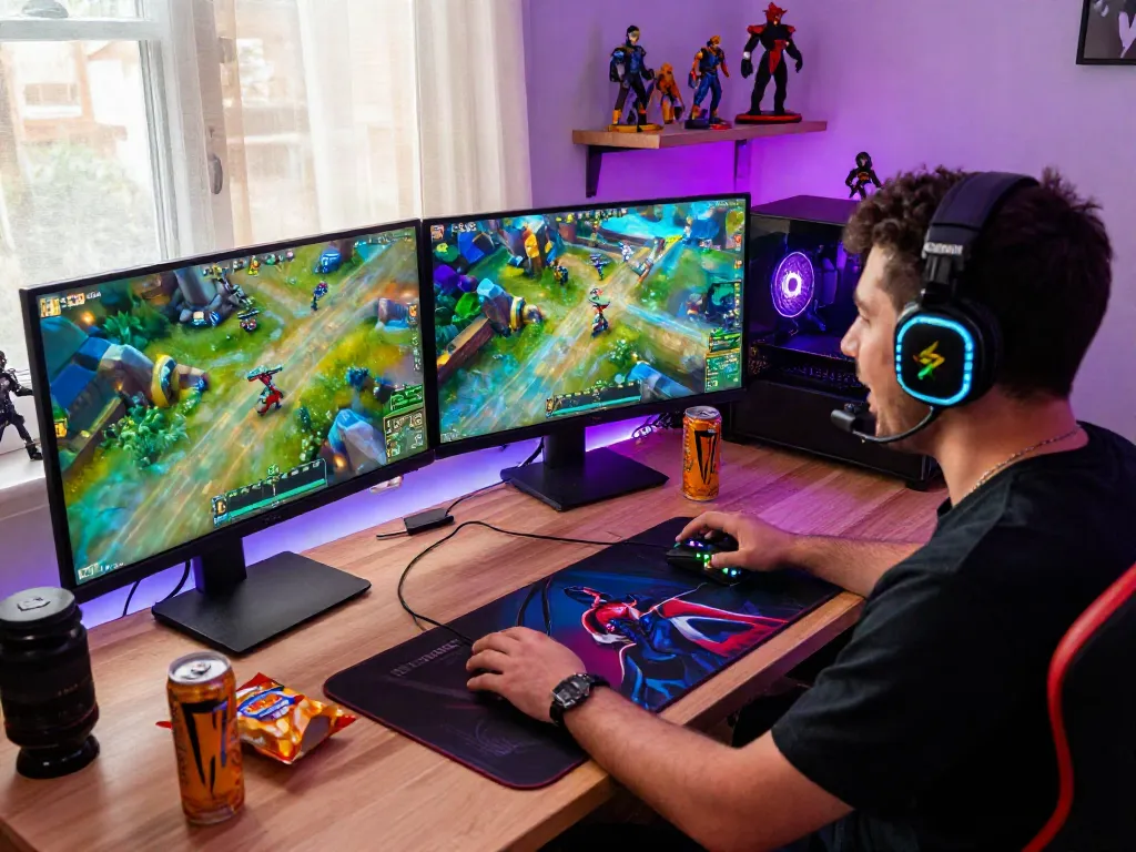 Gamer engaged in intense gameplay at a colorful warung168-themed gaming setup