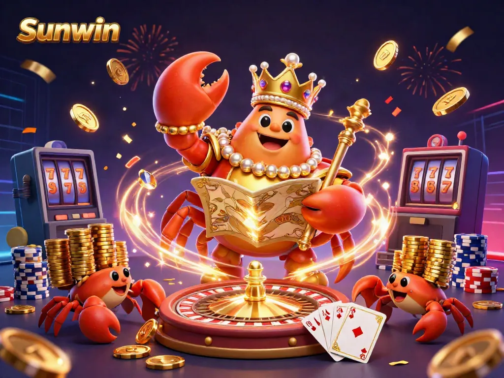 Experience the vibrant excitement of Sunwin with a golden crab emperor amidst vivid casino elements.