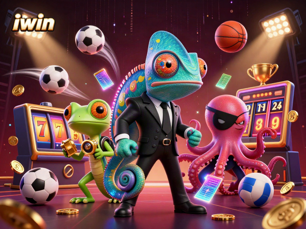 iwin showcases winning strategies with a vibrant 3D casino illustration of a chameleon, gecko, and octopus.