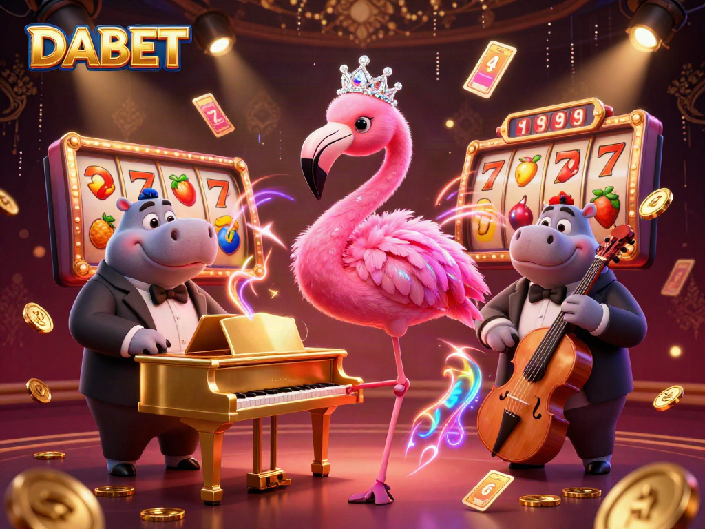 DABET's vibrant casino scene showcasing a flamingo singer, hippo bassist, and dynamic gaming elements.