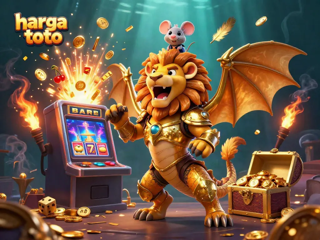 Win big with harga toto at an exhilarating casino scene featuring a chimera and vibrant game elements.