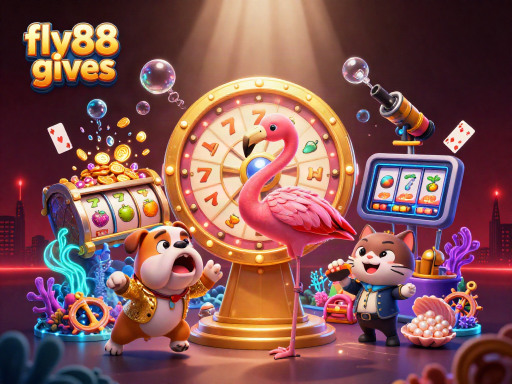 Spin the fly88 gives prize wheel surrounded by riches, exciting cartoon characters, and casino elements.