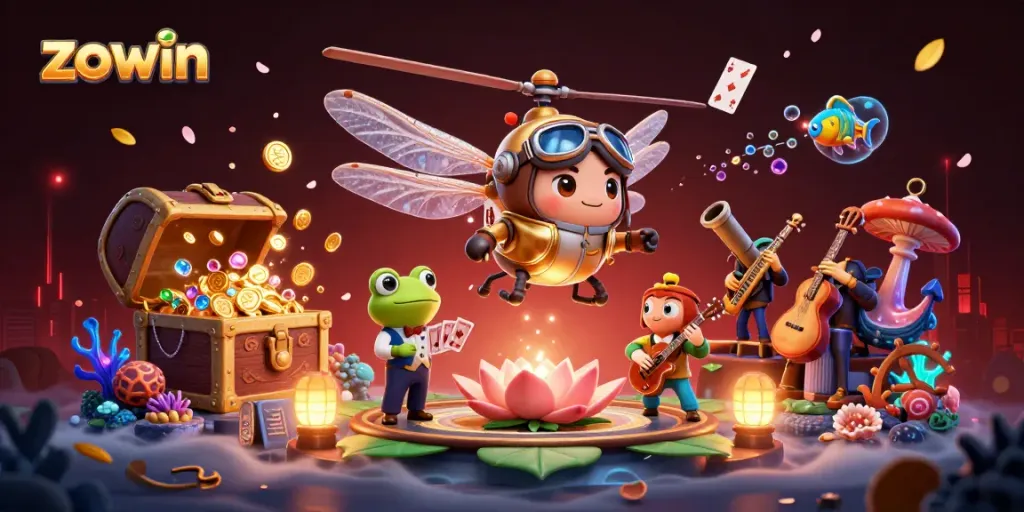Win big at Zowin online casino with vibrant, festive gambling scene featuring unique characters.