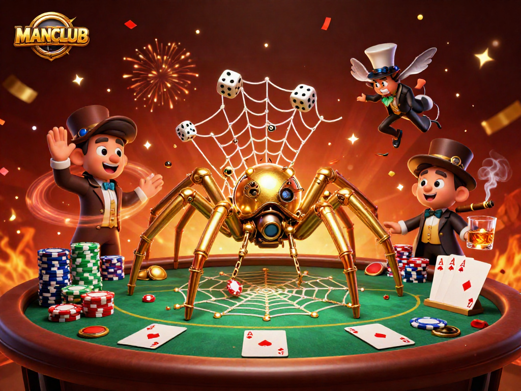 Engage with the captivating MANCLUB casino scene featuring a steampunk spider amidst poker chaos.