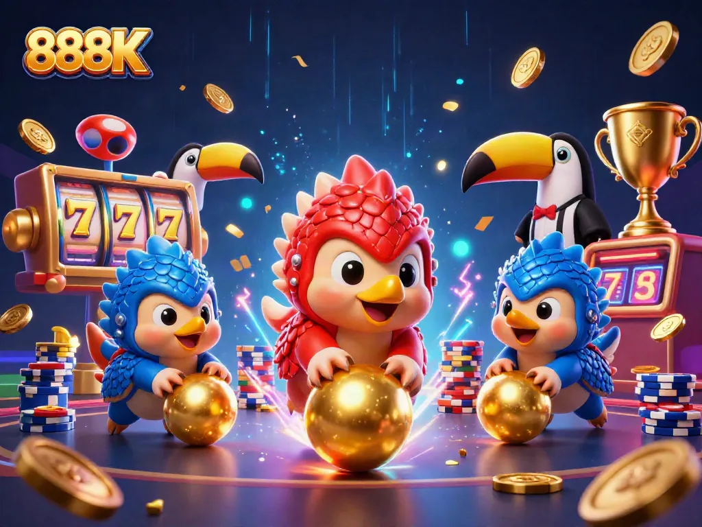 Experience the thrilling world of 888K with dynamic pangolins rolling through golden slot jackpots and poker chips.