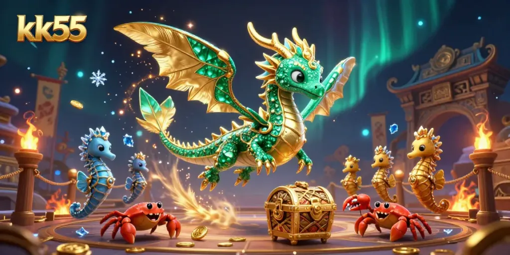 kk55 engages players with a vibrant sea dragon and treasure depicted in a fantasy casino scene.