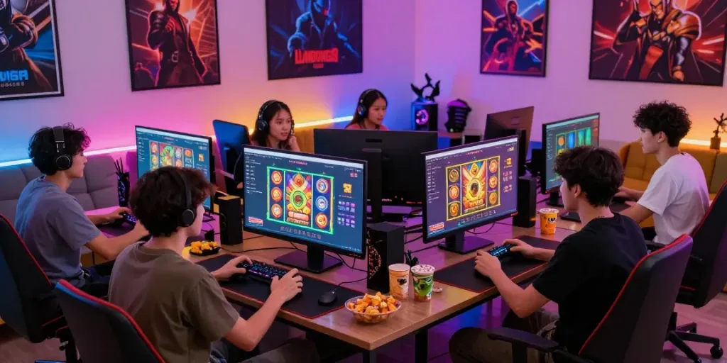 Engaged gamers enjoying lumbung88 platform in a vibrant living room setup with exciting gaming visuals and snacks.