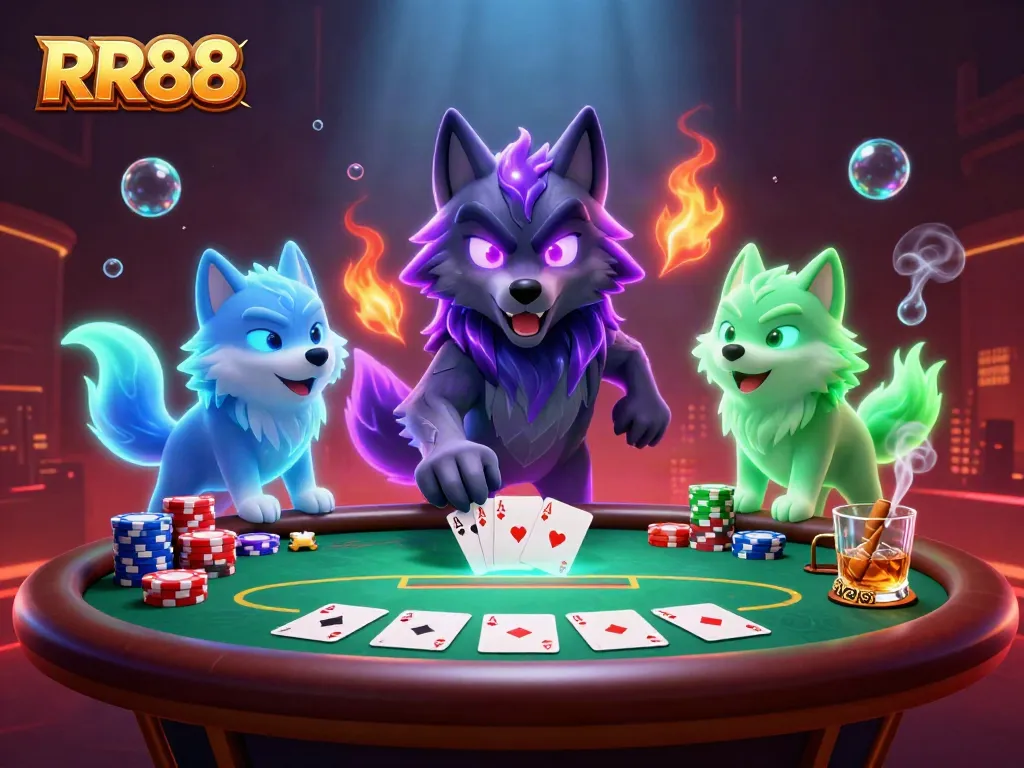 Engage with thrilling poker action at RR88, featuring spectral wolf characters and vibrant game elements.