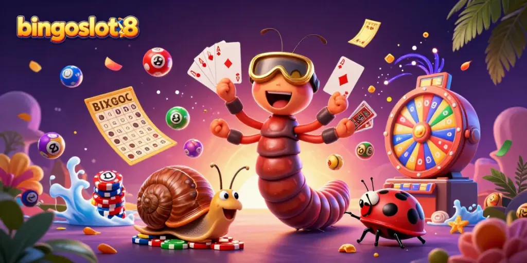 Permainan menarik di bingoslot88 dengan dealer kartun, kartu, dan bola lotere yang tampak ceria.