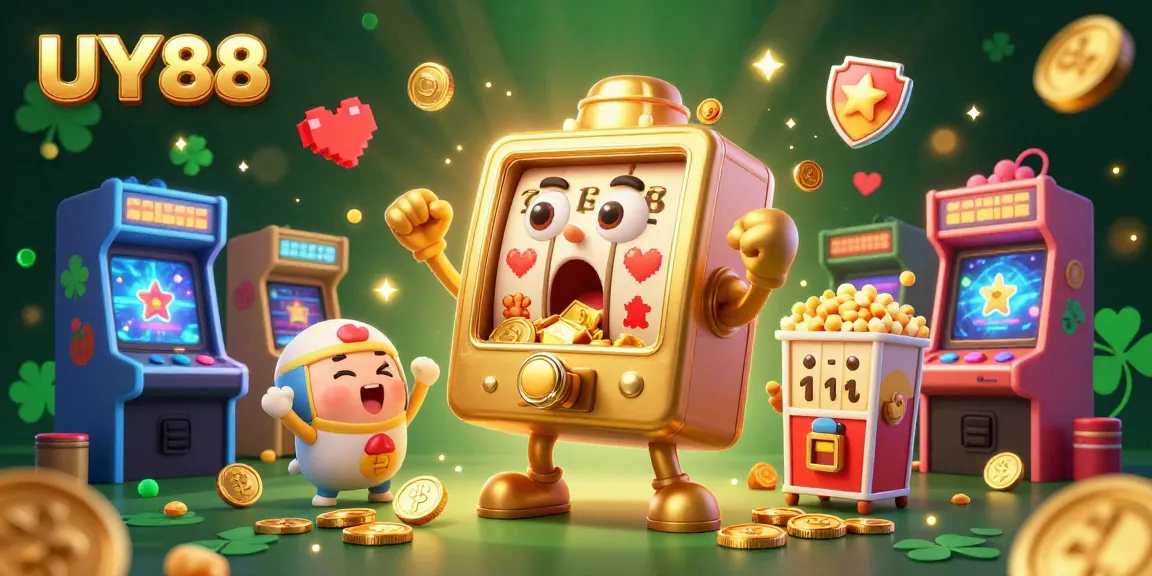 UY88's exciting casino scene with a golden slot machine and cheering characters, rich in gambling elements.