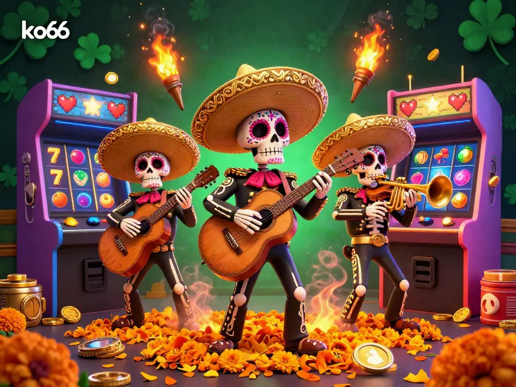 Experience thrilling wins at KO66 with a vibrant mariachi scene filled with slot machines and festive elements.