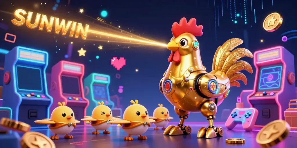 SUNWIN brings excitement to online gambling with a lively casino scene featuring a golden rooster robot.