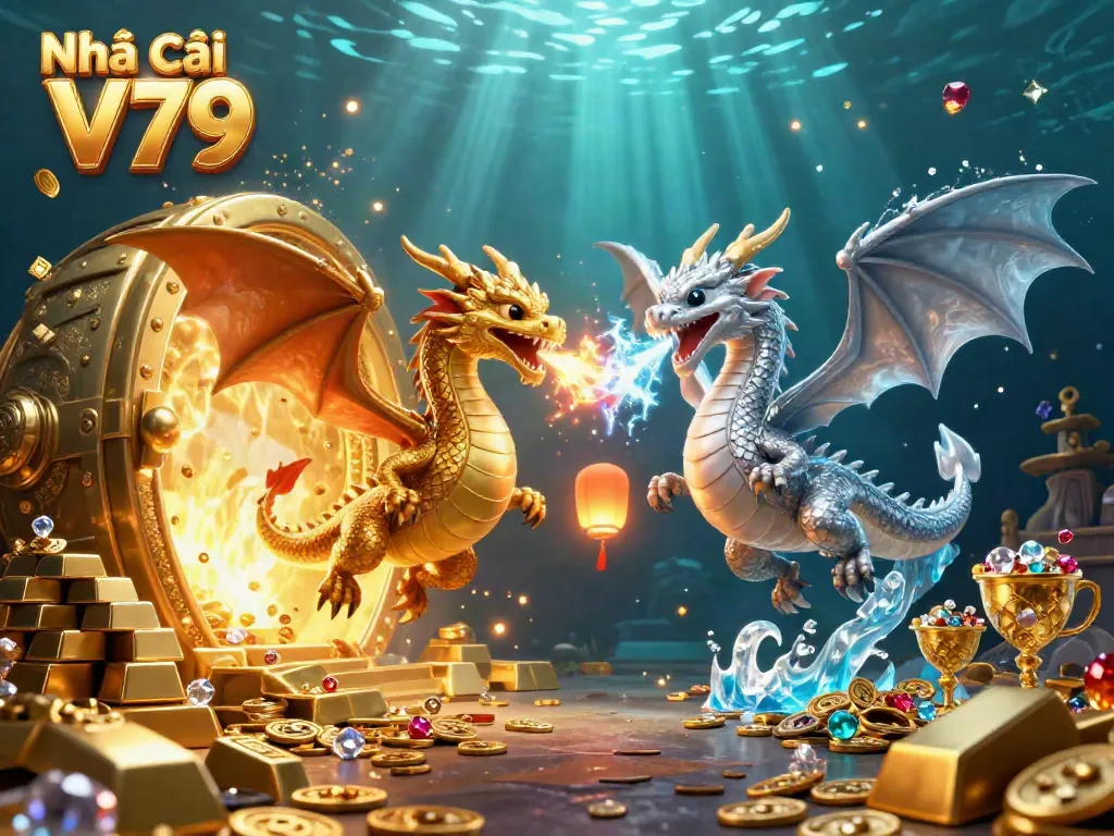 Engage with Nhà cái V79 through a vibrant gaming scene featuring dynamic dragon characters and treasure elements.