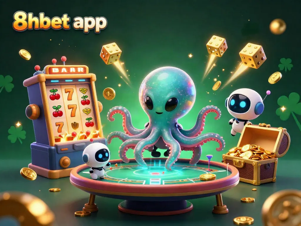 Experience the thrill of the 8xbet app with an alien octopus gaming at a holographic poker table.