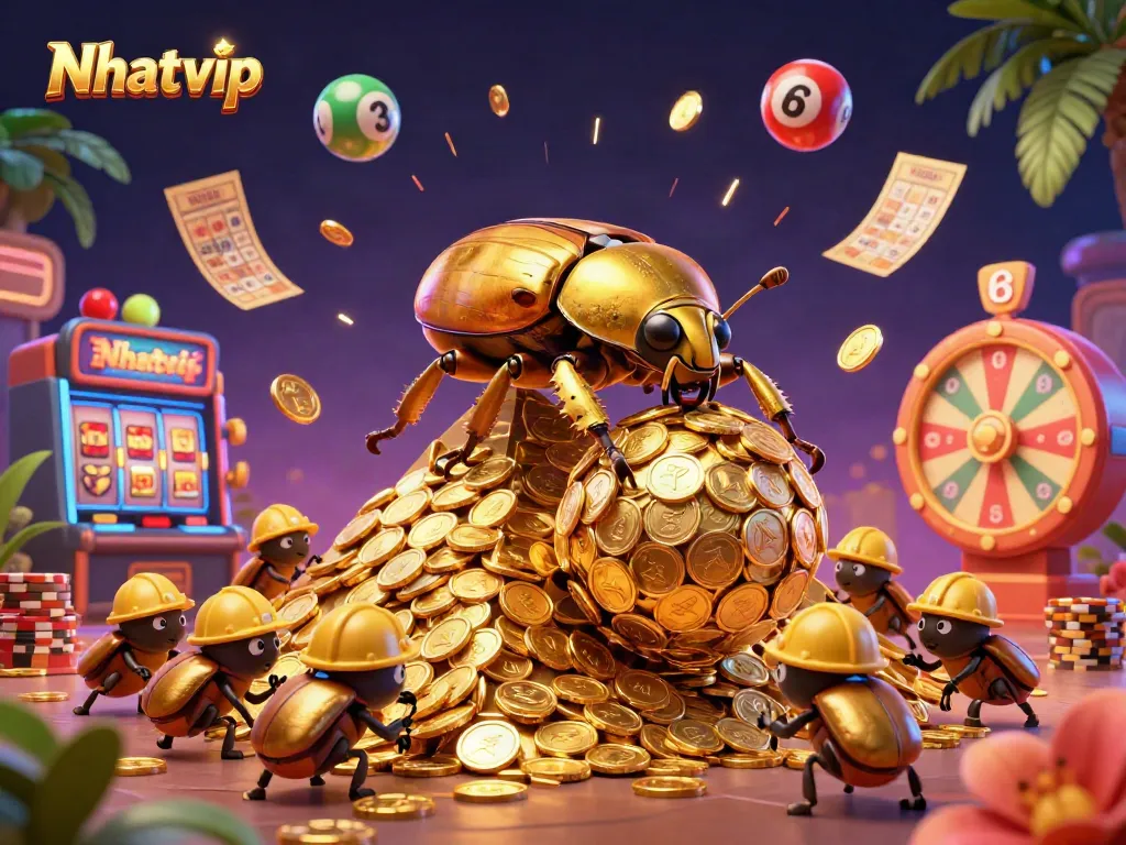 Nhatvip offers vibrant casino action with golden elements and colorful lottery balls.